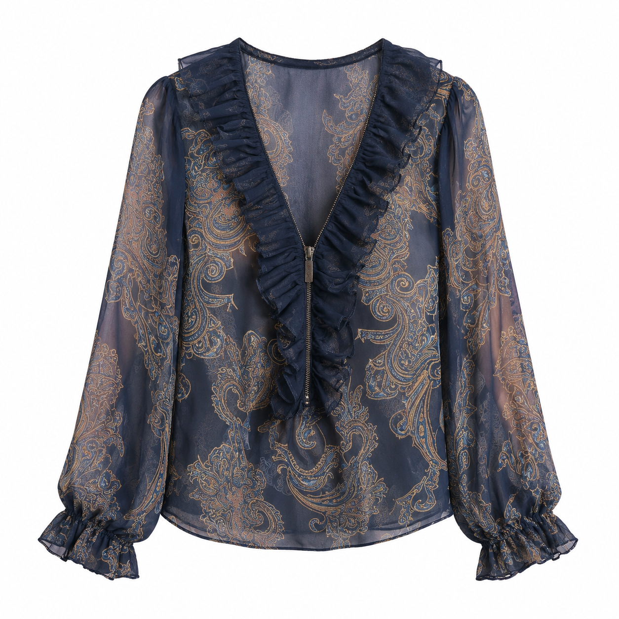 Navy Paisley Sheer Ruffle Blouse