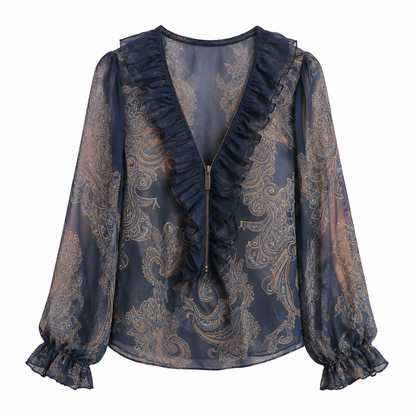 Navy Paisley Sheer Ruffle Blouse