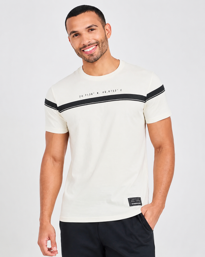 Men’s Off White Chest Stripe Cotton T-Shirt, Short Sleeve Casual Slim Fit Top