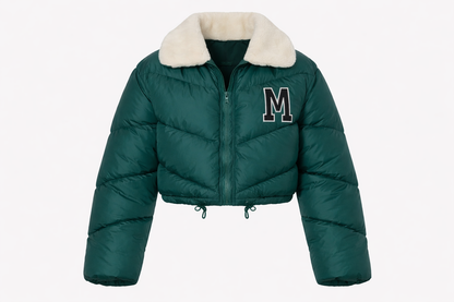 Women’s Cropped Green Puffer Jacket with Faux Fur Collar – Winter Quilted Bomber Jacket