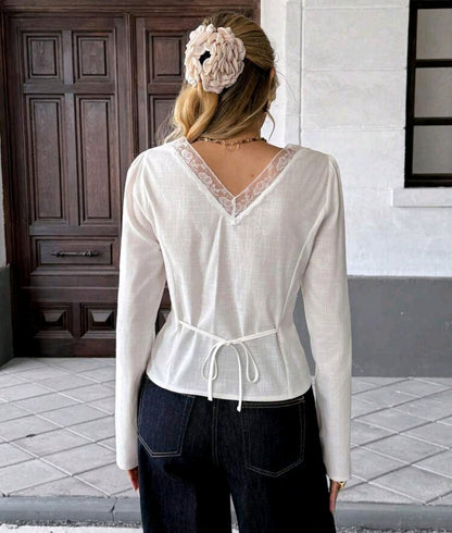 Serisse White Cotton Lace Trim Blouse for Women – V-Neck Long Sleeve Elegant Feminine Top