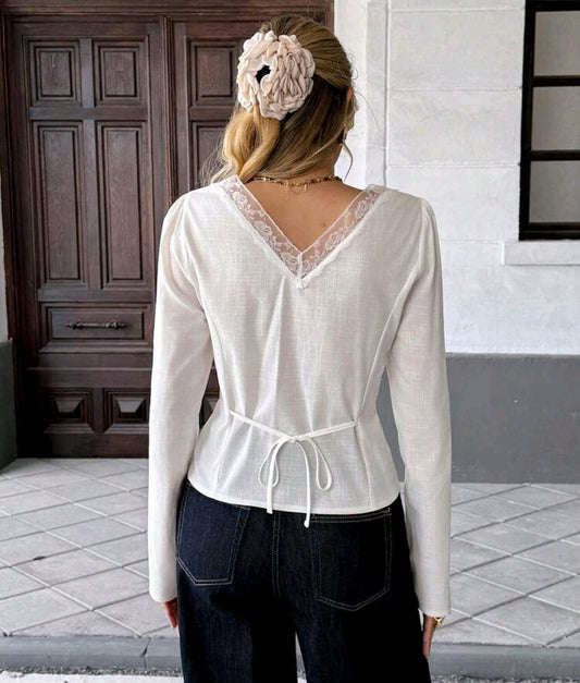 Serisse White Cotton Lace Trim Blouse for Women – V-Neck Long Sleeve Elegant Feminine Top