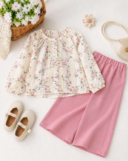 Baby Girls’ Pink Floral Two Piece Set – Long Sleeve Blouse and Wide Leg Pants