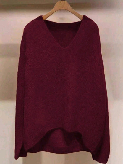 Burgundy V-Neck Oversized Knit Sweater for Women with High-Low Hem