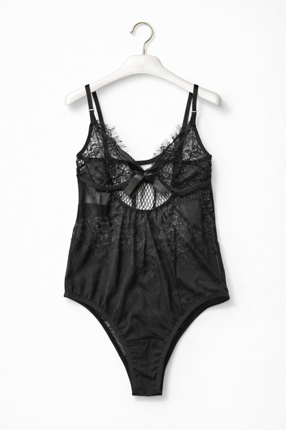 Elegant Black Lace Teddy Bodysuit – Sheer Mesh Lingerie One Piece for Women