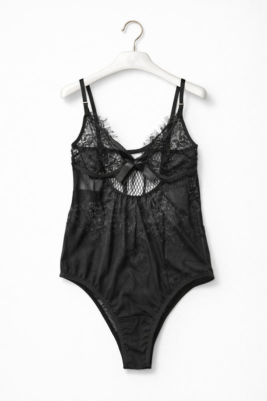 Elegant Black Lace Teddy Bodysuit – Sheer Mesh Lingerie One Piece for Women
