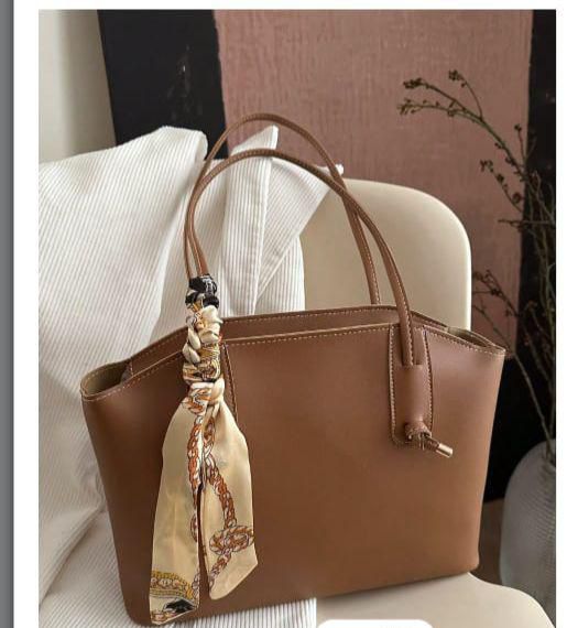 Elegant Brown Tote Handbag – Women Shoulder Bag with Scarf Detail
