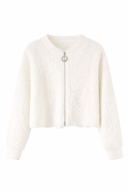 Women’s White Fuzzy Zip-Up Cardigan – Soft Fluffy Long Sleeve Winter Jacket – Cozy Short Knit Outerwear