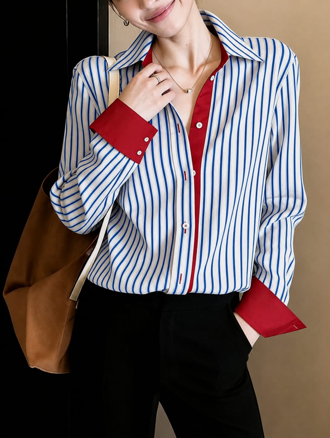 SHEIN Women Blue Stripe Contrast Collar Shirt