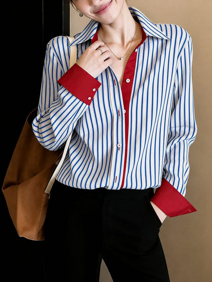 SHEIN Women Blue Stripe Contrast Collar Shirt