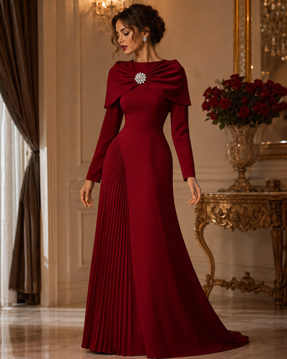 Women’s Burgundy Pleated Evening Maxi Dress – Long Sleeve Formal Dress with Brooch Detail
