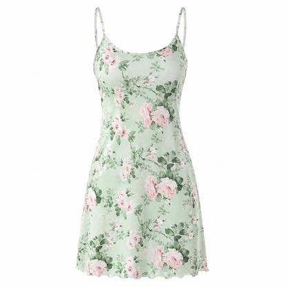 Mint Green Floral Spaghetti Strap Mini Dress