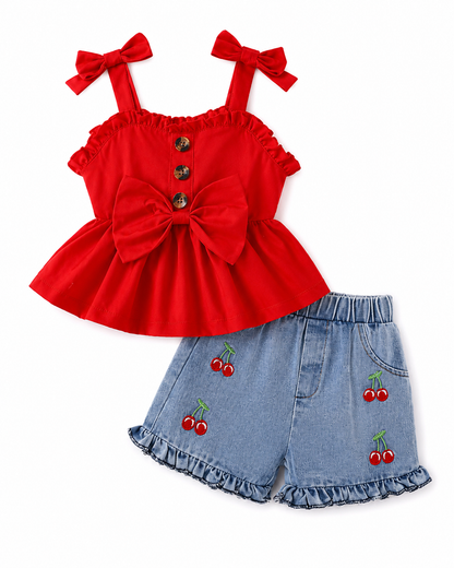 Baby Girls Red Bow Top and Cherry Denim Shorts Set