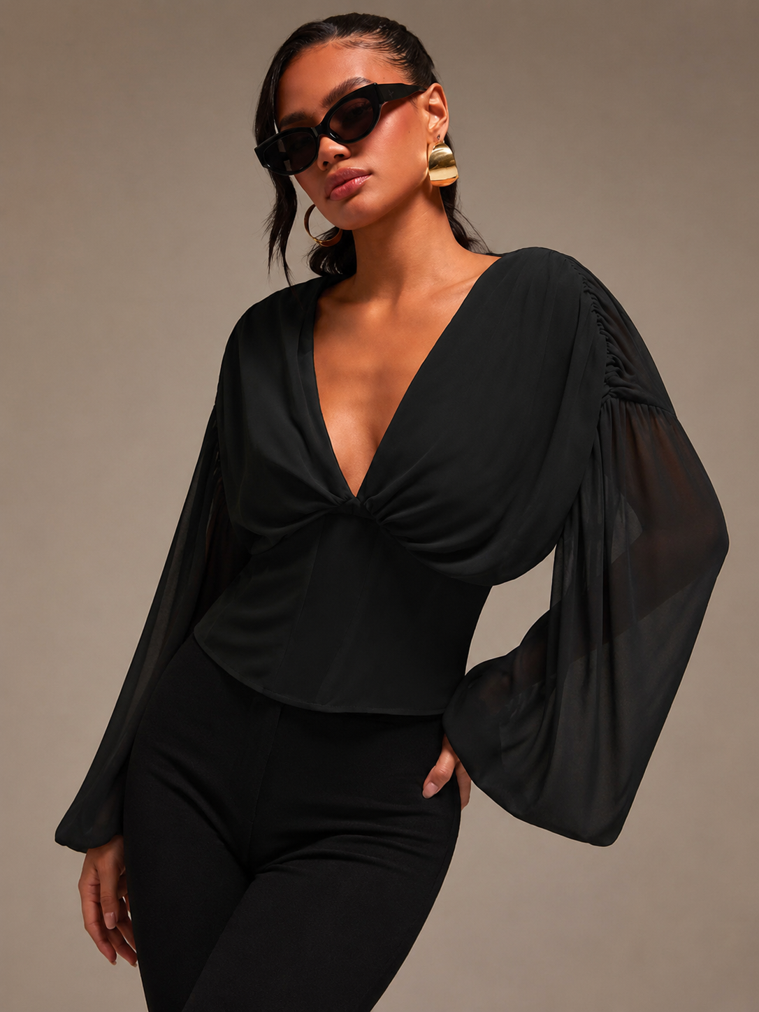 SHEIN Black Deep V Sheer Sleeve Top