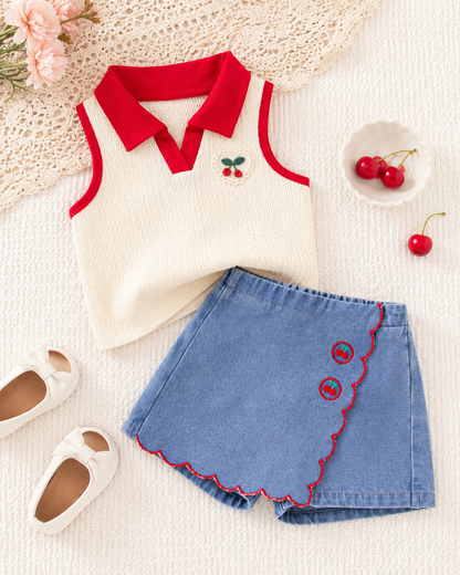 Baby Girls’ Cherry Top and Denim Skort Set – Sleeveless Summer Outfit