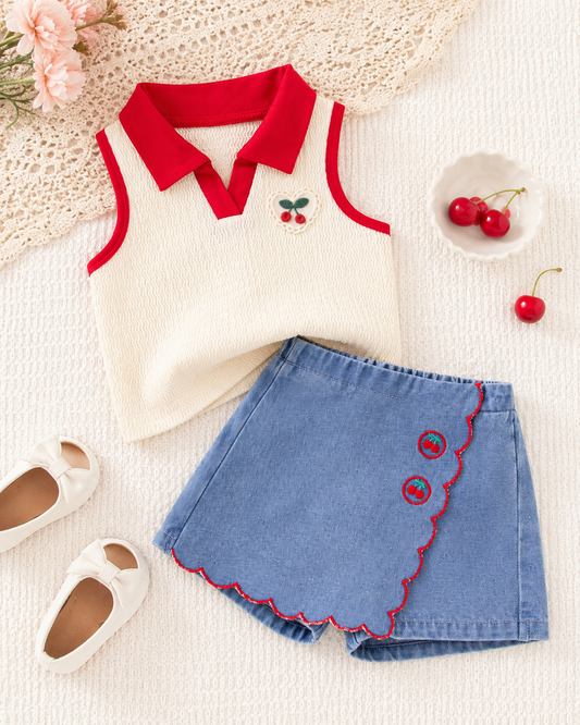 Baby Girls’ Cherry Top and Denim Skort Set – Sleeveless Summer Outfit