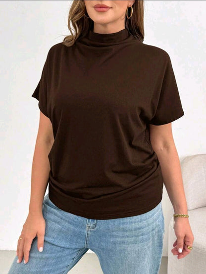 Brown Mock Neck Short Sleeve Top – Casual Loose Fit Women Everyday T-Shirt