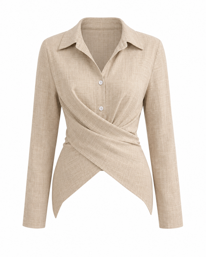 SHEIN LUNE Beige Linen Wrap Blouse for Women