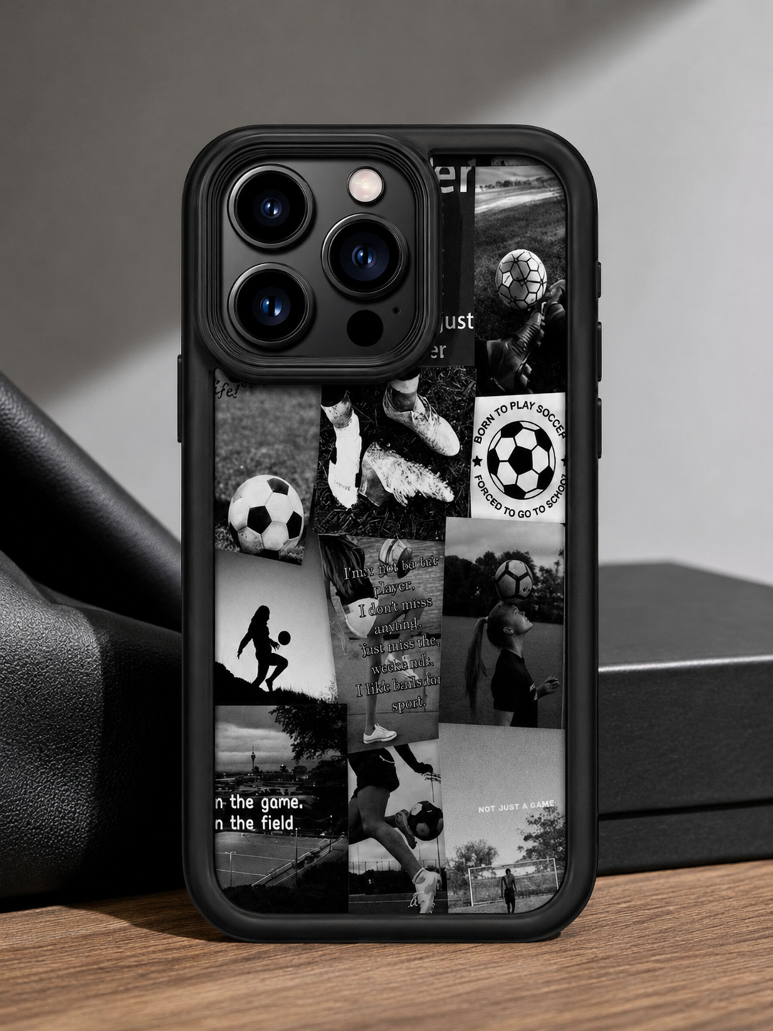 iPhone 13 Pro Max Soccer Graphic Case – Black Shockproof Phone Cover – Sport Collage Protective Case