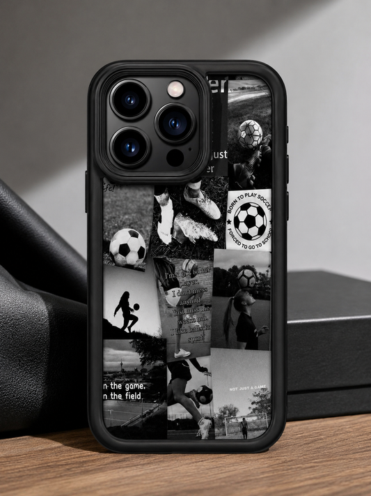 iPhone 13 Pro Max Soccer Graphic Case – Black Shockproof Phone Cover – Sport Collage Protective Case