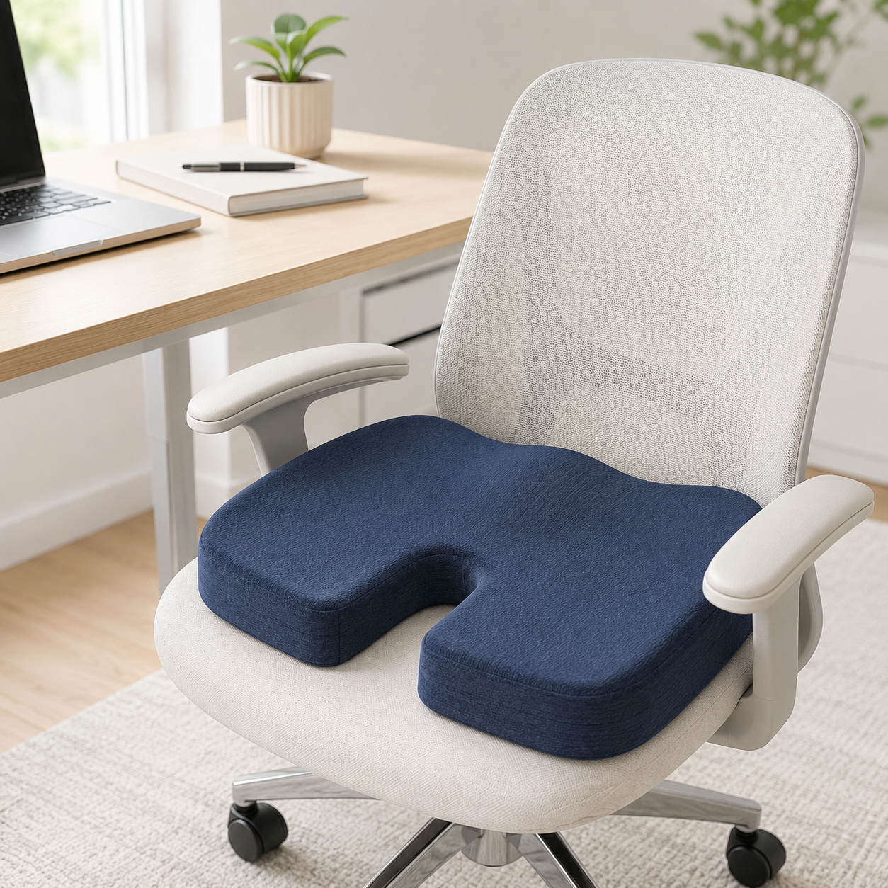 Coccyx Memory Foam Cushion with Cotton Cover – Navy Blue Ergonomic Seat Support Cushion 35 x 45 cm