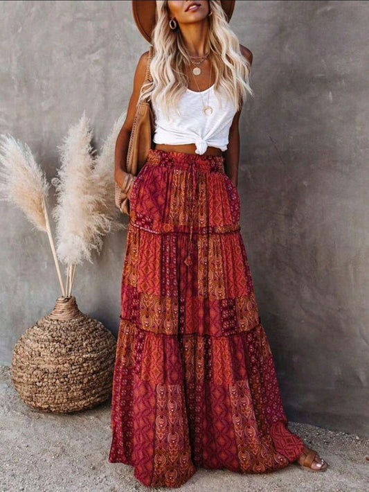 Bohemian Red Patchwork Tiered Maxi Skirt