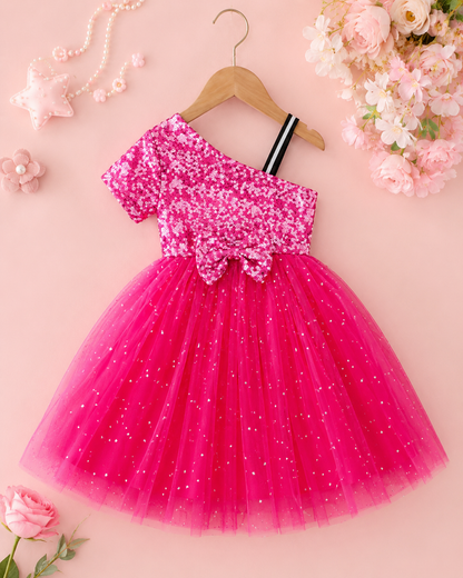 Girls Hot Pink Sequin Tulle Party Dress