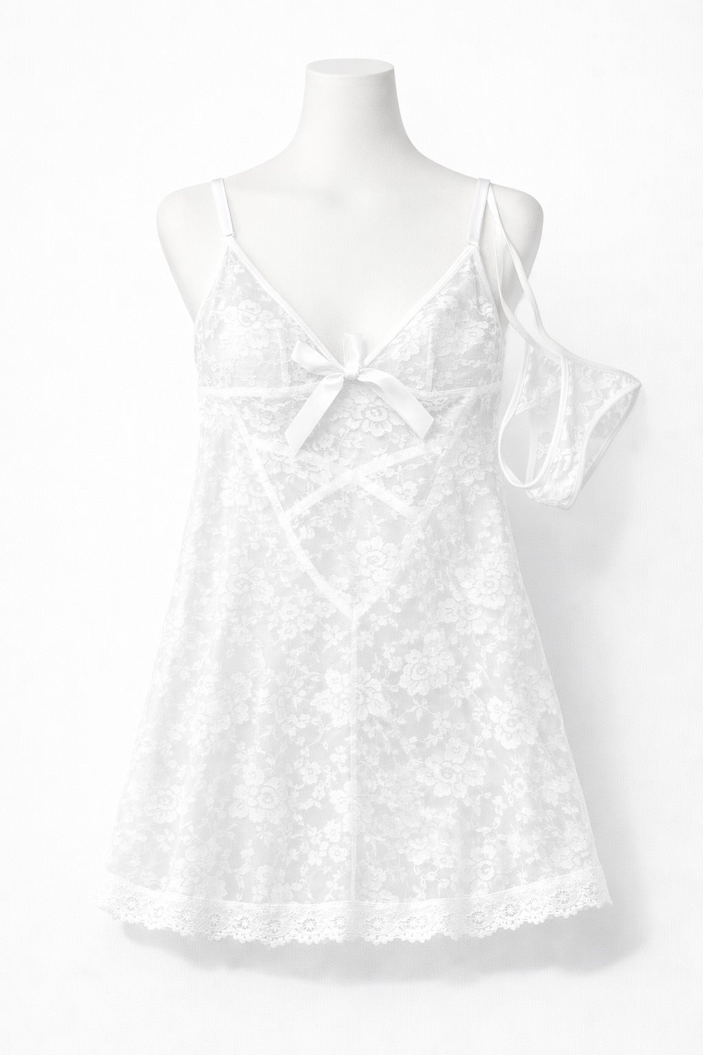 White Lace Babydoll Lingerie Set – Sheer Floral Slip Dress with Matching Panty for Women