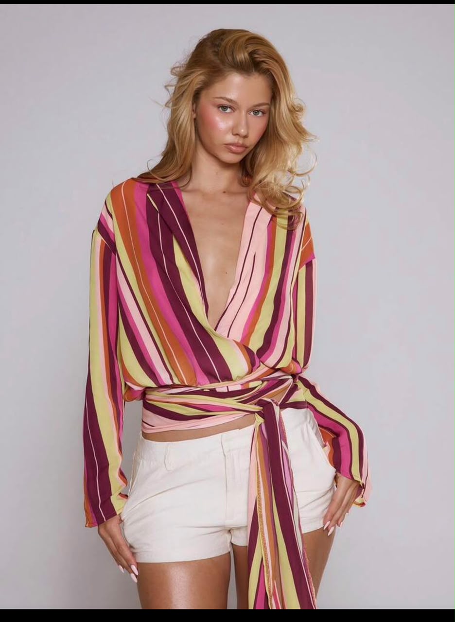 SHEIN Women Multicolor Striped Wrap Tie Blouse
