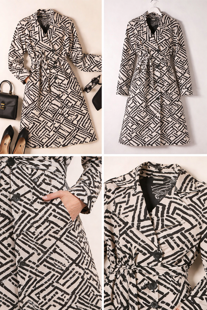 Black & beige Geometric Print Double Breasted Trench Coat – Women’s Belted Statement Long Coat