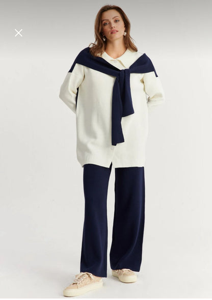 Women’s Knit Two Piece Set – Longline Button Top with Shoulder Tie Detail and Wide Leg Pants