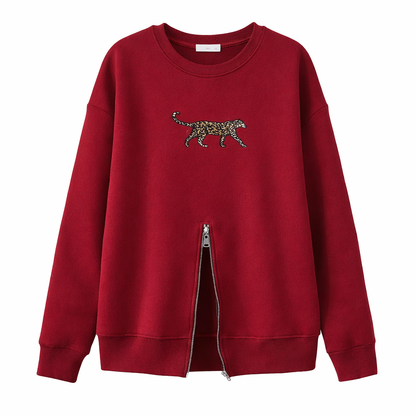 Burgundy Zip Hem Sweatshirt for Women – Leopard Embroidered Oversized Pullover
