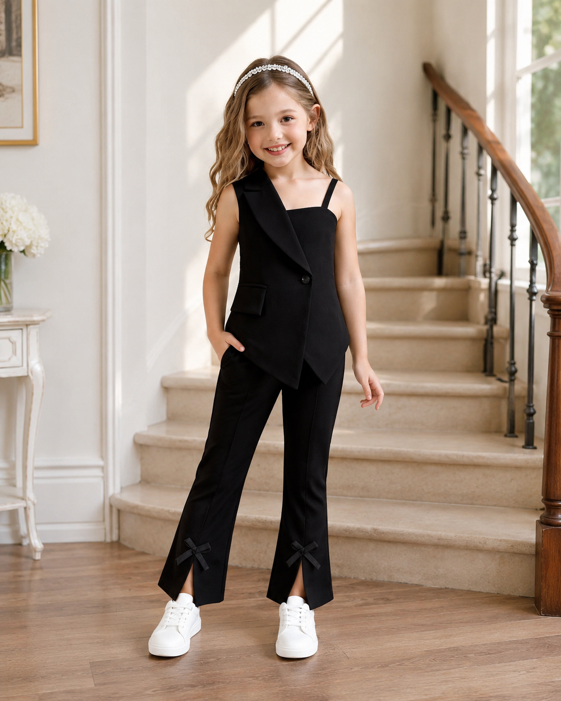 Girls Black 2-Piece Asymmetric Vest Top and Pants Set – Sleeveless Formal Casual Outfit