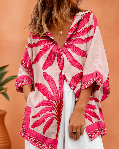 SHEIN Women’s Pink Tropical Print Shirt – Short Sleeve Button-Up Summer Blouse, SHEIN Fast Delivery in 5 Days