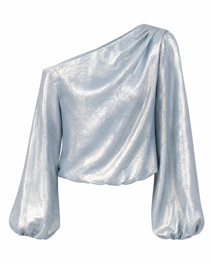 Light Blue Metallic One Shoulder Blouse – Fast Delivery in 5 Days