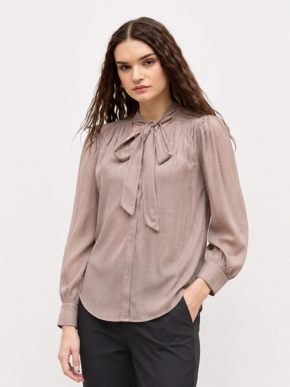 Taupe Bow Neck Blouse with Gold Stripe Detail – SHEIN Fast Delivery in 5 Days