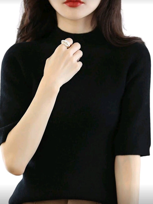 Black High Neck Short Sleeve Top â€“ Women Elegant Basic Blouse