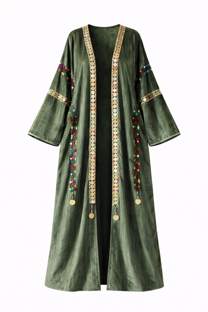 Dark Olive Embroidered Open Front Abaya Kaftan – Boho Modest Maxi Kimono Cardigan for Women