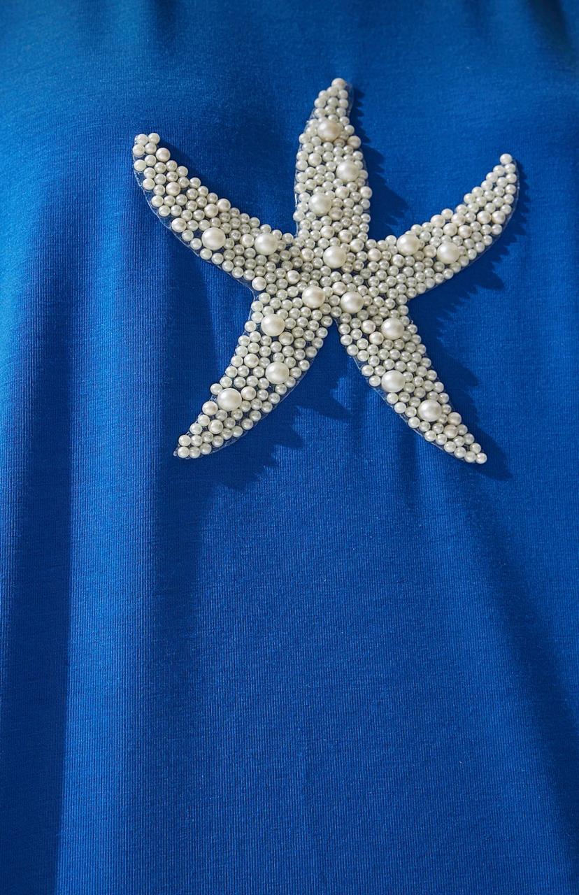 Women’s Blue Pearl Starfish Embellished Cotton T-Shirt, Casual Short Sleeve Top
