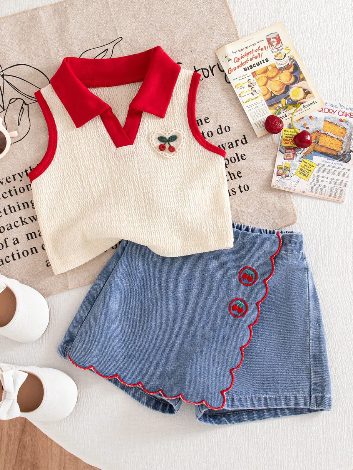 Baby Girls’ Cherry Top and Denim Skort Set – Sleeveless Summer Outfit