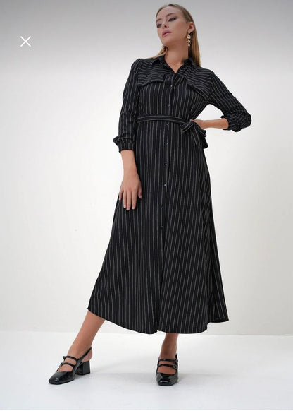 Black Striped Belted Shirt Maxi Dress – Long Sleeve Button Front Elegant Casual Dress for Women