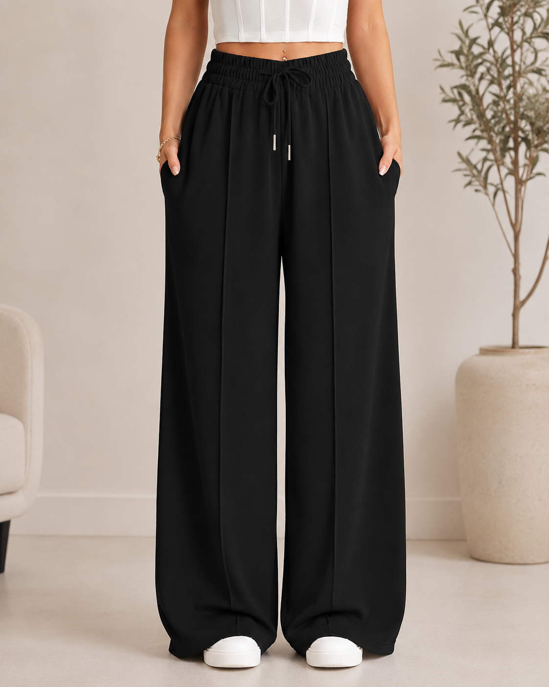 Women’s Wide Leg Drawstring Pants – Black Casual Loose Fit Trousers