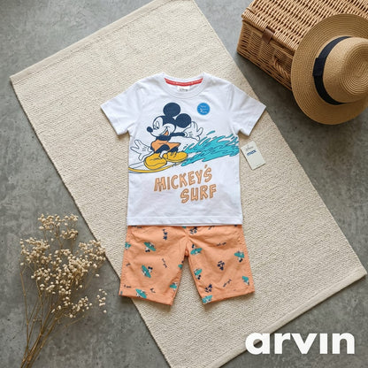 Boys White Mickey Surf T-Shirt & Peach Shorts Set – 2 Piece Casual Kids Outfit, Fast Delivery in 5 Days