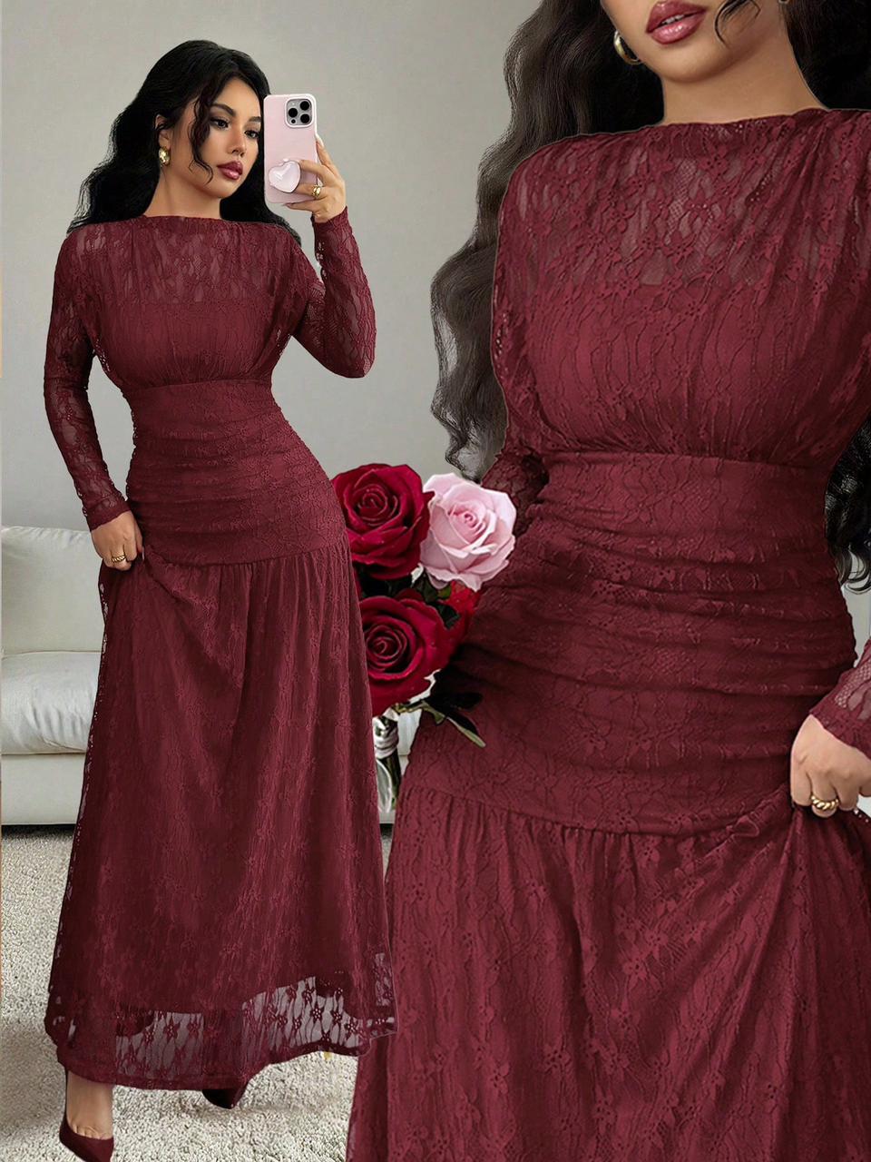 SHEIN Women’s Burgundy Lace Maxi Dress – Long Sleeve Elegant Evening Dress, SHEIN Fast Delivery in 5 Days