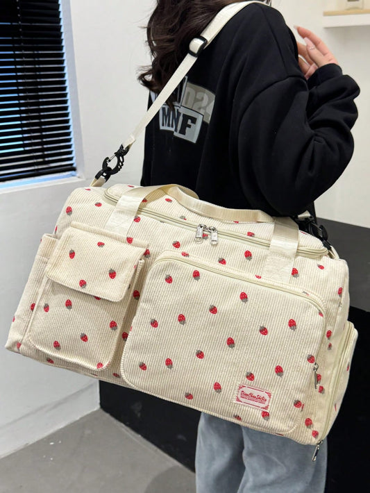 Cream Strawberry Print Corduroy Travel Duffel Bag with Shoulder Strap