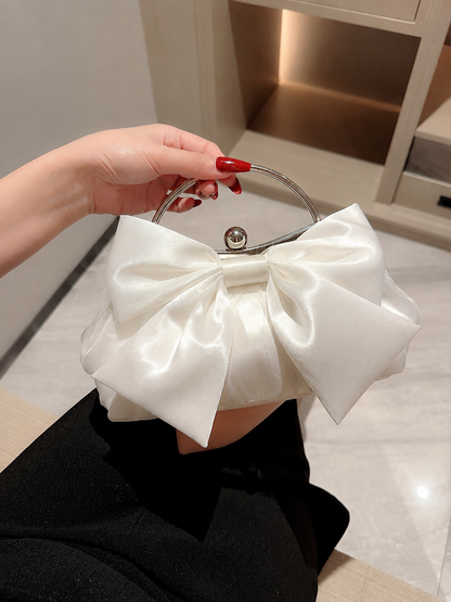 SHEIN Women’s Ivory Satin Bow Mini Handbag – Elegant Metal Handle Evening Bag, SHEIN Fast Delivery in 5 Days