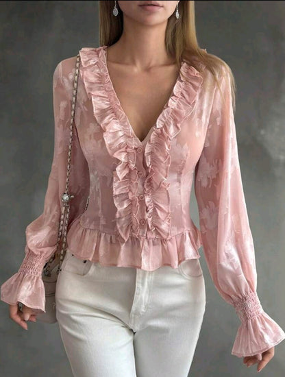 SHEIN Women Pink Ruffle V Neck Long Sleeve Blouse