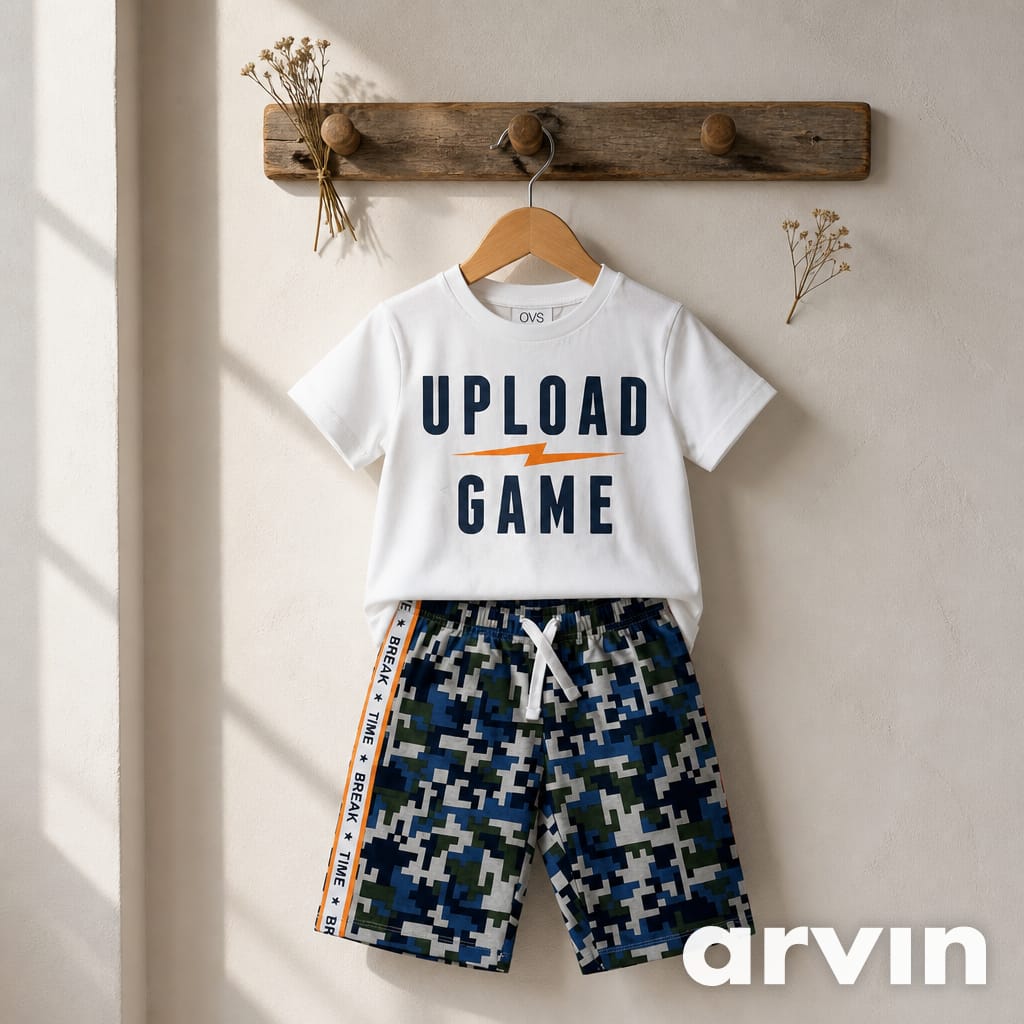 Boys White Upload Game T-Shirt & Camo Shorts Set – 2 Piece Casual Kids Outfit, Fast Delivery in 5 Days