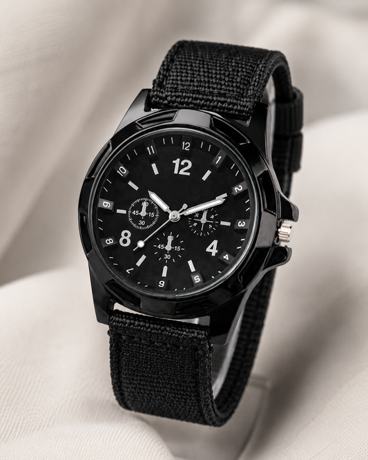 Men’s Black Fabric Strap Military Style Watch – Casual Sport Analog Wrist Watch