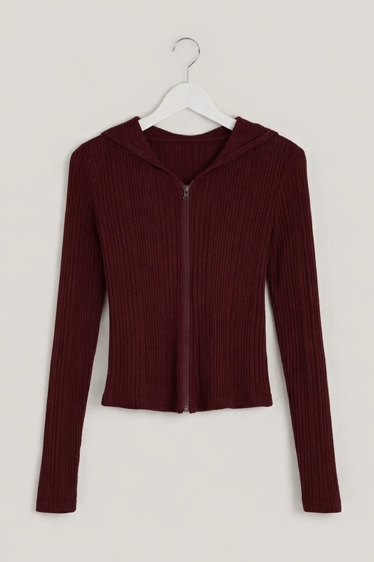 Burgundy Ribbed Zip Front Knit Top for Women – Slim Fit Long Sleeve Shein Style Sweater Cardigan